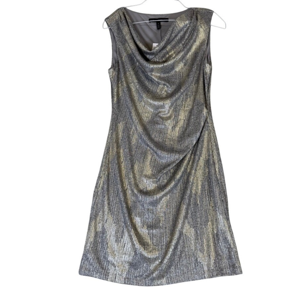 NWT White House Black Market Gray Gold Foil Cowl Neck Sheath Dress 8 570270616